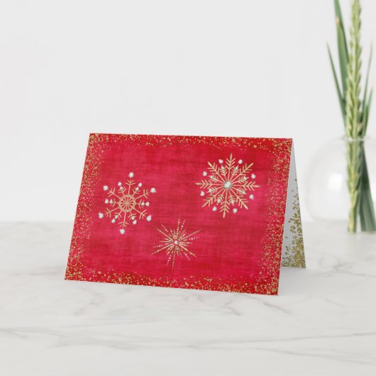 Kerstsnowflakes, rood en goud feestdagen kaart (Voorkant)