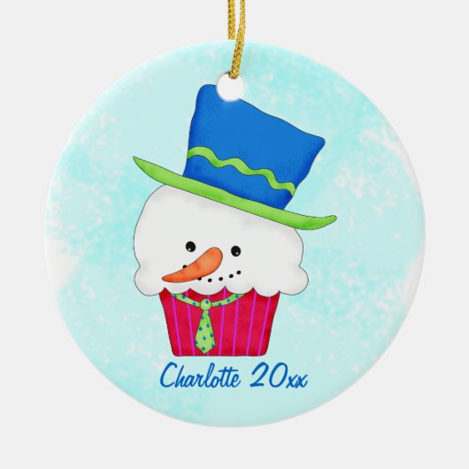 kerstsnowman Cupcake-naam op maat Keramisch Ornament (Voorkant)