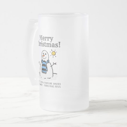 kerstsnowman-design met persoonlijke groet matglas bierpul (Voorkant links)