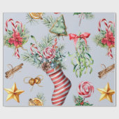 Kerstsocket/blauw patroon cadeaupapier (Vlak)