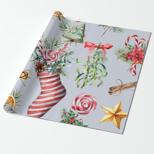 Kerstsocket/blauw patroon cadeaupapier (Uitgerold)