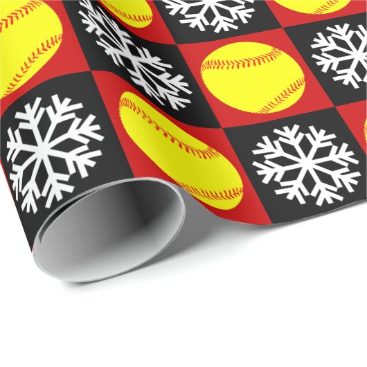 Kerstsoftbal Rood en zwart Snowflake Patroon Cadeaupapier (Rol Hoek)