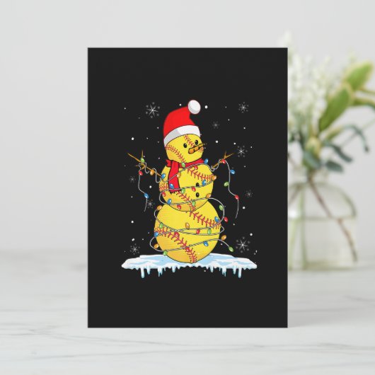 KerstSoftball Snowman Santa Xmas lampjes voor B Feestdagenkaart (Staand voorkant)