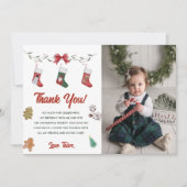 Kerstsok verjaardagsfeestje dank u kaart foto (Voorkant)