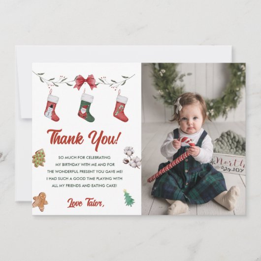 Kerstsok verjaardagsfeestje dank u kaart foto (Voorkant)