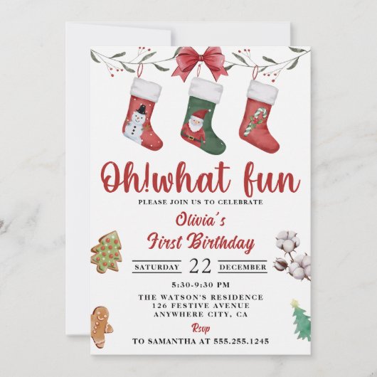 Kerstsok verjaardagsfeestje kaart (Voorkant)