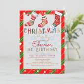 Kerstsokken 1e verjaardagsfeestje kaart (Staand voorkant)
