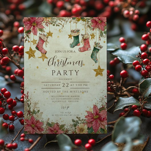 Kerstsokken en Poinsettia's Kerstmis Kaart