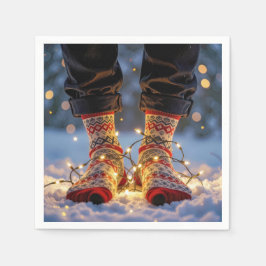 Kerstsokken en vakantielampjes in de sneeuw servet