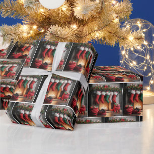 Kerstsokken Gehangen Aan Een Open Haard Cadeaupapier