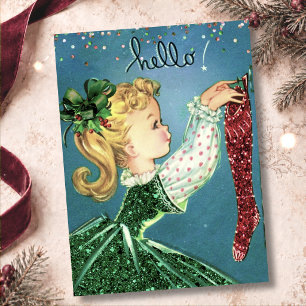Kerstsokken met glitter meisjesmonogram in vintage kaart
