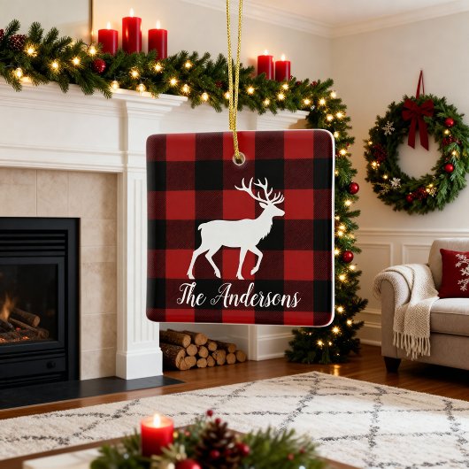 Kerstsouvenir met familienaam herten - Plaid Keramisch Ornament