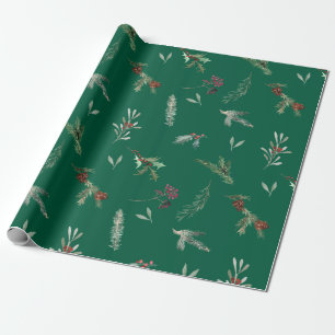 Kerstspar & Rode Bessen Bosgroen Cadeaupapier