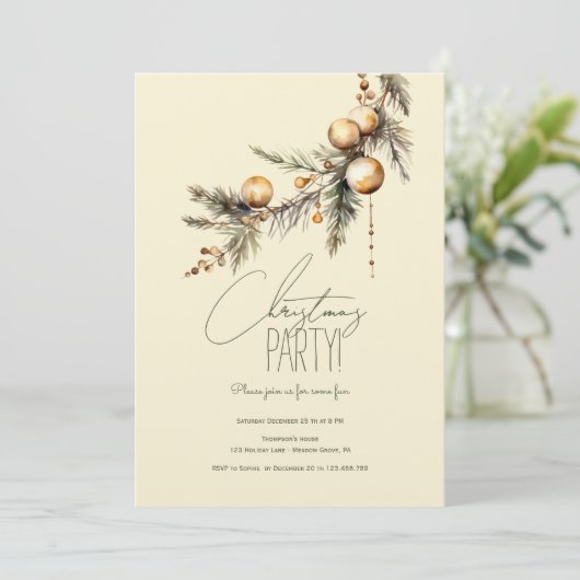 Kerstspar tak met gouden ballen partij kaart (Staand voorkant)