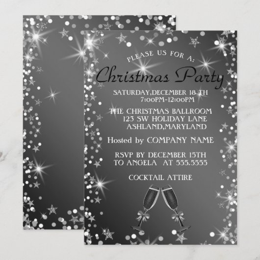 kerstSparkly Silver Glass of Champagne Kaart (Voorkant / Achterkant)