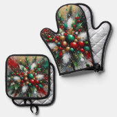 Kerstspatten / Witte Uitbarstingen Ovenwant & Pannenlap Set (Voorkant / Achterkant)