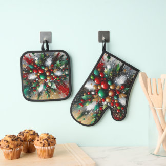 Kerstspatten / Witte Uitbarstingen Ovenwant & Pannenlap Set