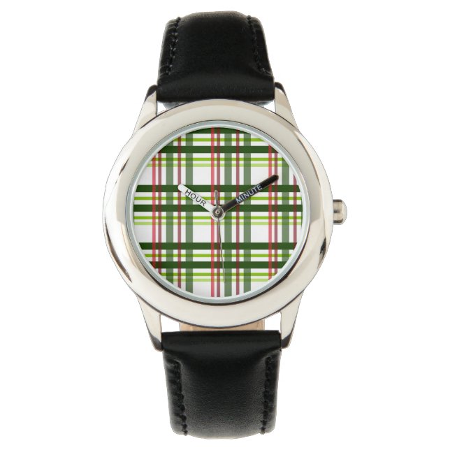 Kerstspeldenpatroon Groene Rode Kleur Tartan Horloge (Voorkant)