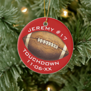 Kerstsport Football Red Touchdown Naam toevoegen Keramisch Ornament