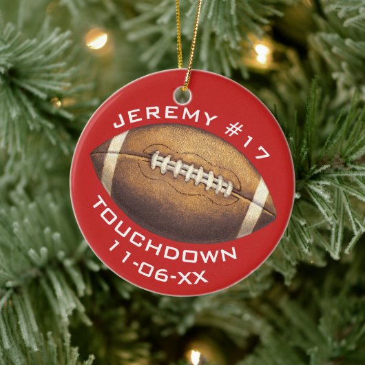 Kerstsport Football Red Touchdown Naam toevoegen Keramisch Ornament (Boom)