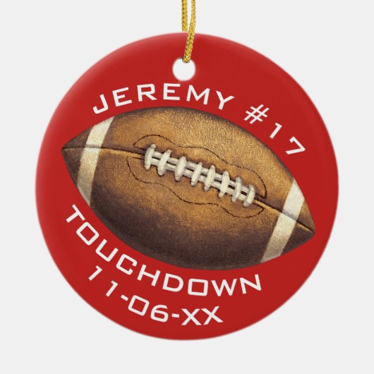 Kerstsport Football Red Touchdown Naam toevoegen Keramisch Ornament (Voorkant)