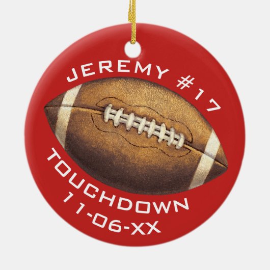 Kerstsport Football Red Touchdown Naam toevoegen Keramisch Ornament (Achterkant)