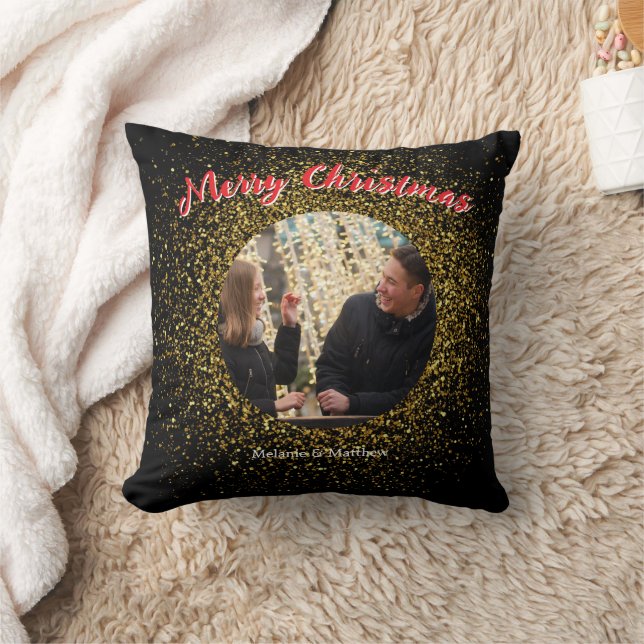 Kerstsprankelende Glitter Zwart Custom Photo Kussen (Deken)