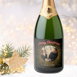 Kerstsprankelende Glitter Zwart Custom Photo Sparkling Wijnetiket
