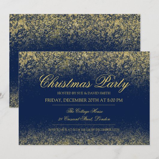 Kerstsprankelende Gouden Glitter Stof Marine Blauw Kaart (Voorkant / Achterkant)