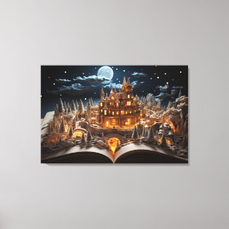 Kerstsprookjeskasteel plein bij maanlicht canvas afdruk
