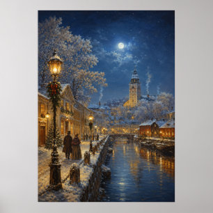 Kerststad I - Rivier met Kerstmis Poster