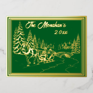 Kerststad Scene in Goud met Groen Folie Feestdagen Briefkaart