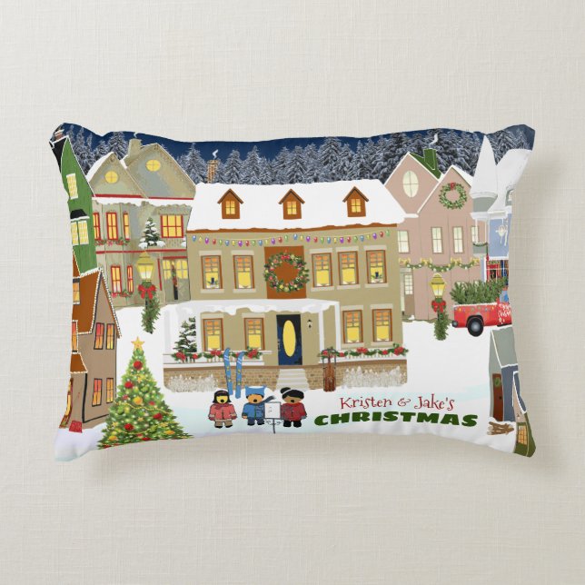 Kerststad Winter Wonderland Houses Caroling Accent Kussen (Voorkant)