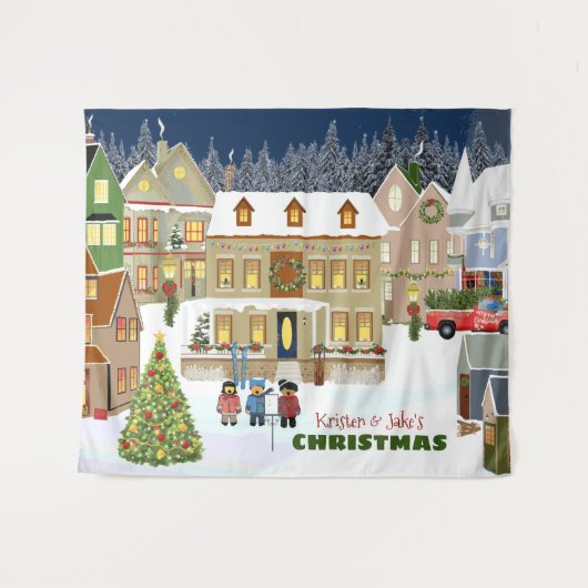 Kerststad Winter Wonderland Houses Caroling Wandkleed (Voorkant (horizontaal))