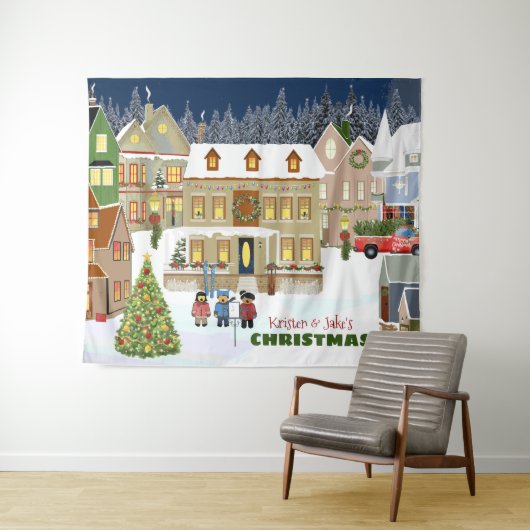 Kerststad Winter Wonderland Houses Caroling Wandkleed (In Situ (horizontaal))
