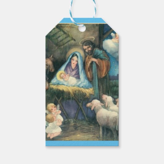 Kerststal Antieke Religieuze Kerstmis Cadeaulabel (Voorkant)