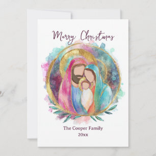 Kerststal aquarel en goud feestdagenkaart