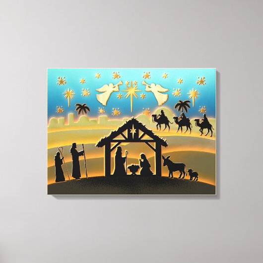 Kerststal Baby Jezus in Kribbe Scene Canvas Afdruk (Voorkant)
