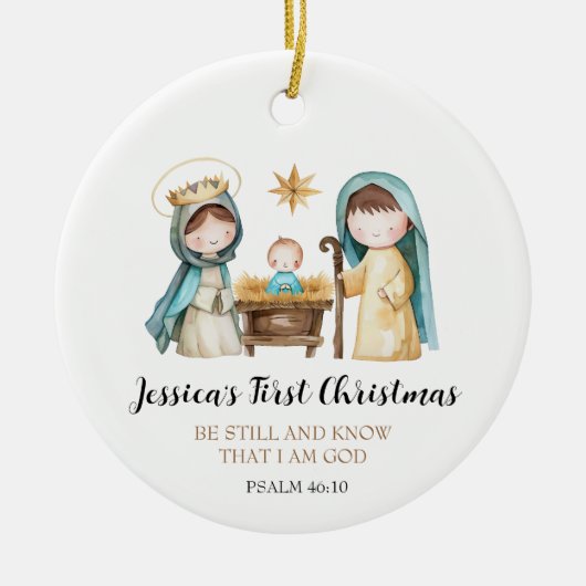Kerststal Bijbelvers Eerste Kerstmis Jezus Keramisch Ornament (Voorkant)