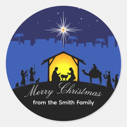 Kerststal Blauwe Ster Kerststicker Ronde Sticker (Voorkant)