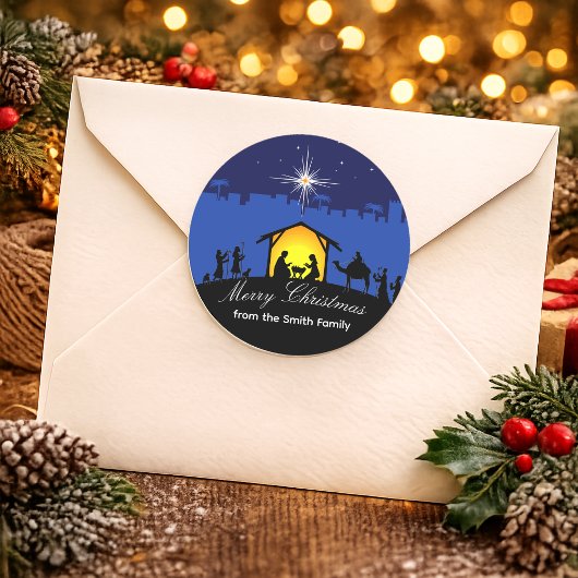 Kerststal Blauwe Ster Kerststickers Ronde Sticker