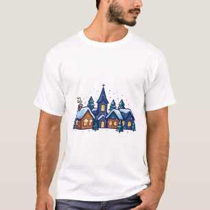 Kerststal Dorp Sneeuw Nacht Kunst T-shirt
