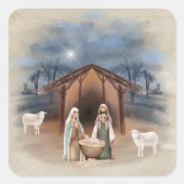 Kerststal Geboortescène Aquarel Vierkante Sticker (Voorkant)