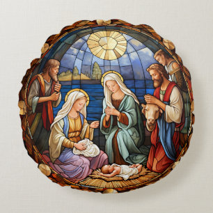 Kerststal Gebrandschilderd Glas Rond Kussen