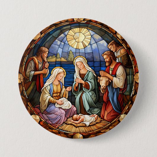 Kerststal Gebrandschilderd Glas Ronde Button 7,6 Cm (Voorkant)