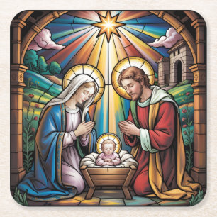 Kerststal Gebrandschilderde Kunst – Heilige Famili Kartonnen Onderzetters