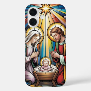 Kerststal Glas-in-lood Kunst – Heilige Familie Ker iPhone 16 Hoesje
