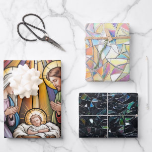 Kerststal Glas-in-lood Kunst – Heilige Familie Ker Inpakpapier Vel