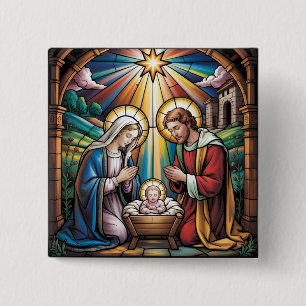 Kerststal Glas-in-lood Kunst – Heilige Familie Ker Vierkante Button 5,1 Cm