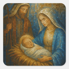 Kerststal Glas-in-lood Mozaïek | Heilige Familie  Vierkante Sticker